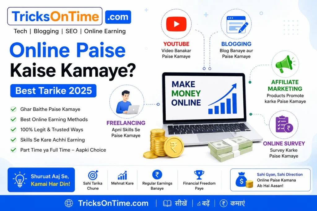 Online Paise Kaise Kamaye feature image by TricksOnTime showing the best online earning methods in Hindi, including YouTube, Blogging, Affiliate Marketing, Freelancing, and Online Surveys with a modern white and sky-blue technology theme.
