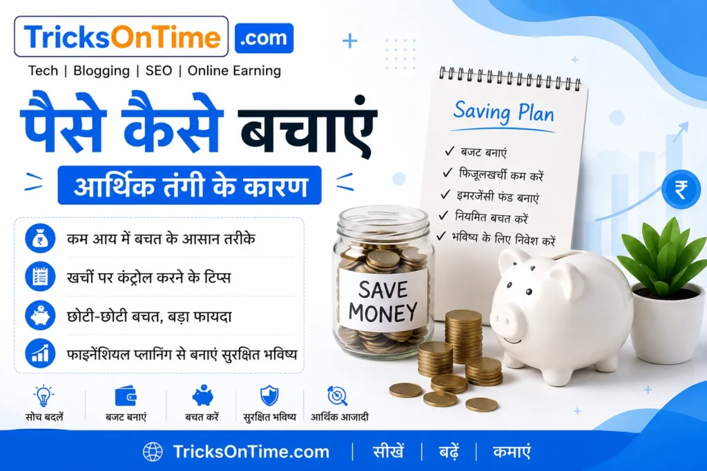 Paise Kaise Bachaye feature image by TricksOnTime showing money saving tips in Hindi with a saving plan, piggy bank, coins, budget planning, financial planning, and easy ways to save money during financial difficulties.