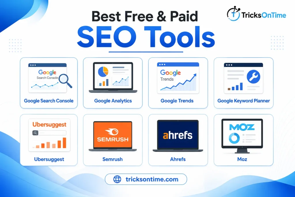 Best Free & Paid SEO Tools in Hindi – Google Search Console, Google Analytics, Google Trends, Google Keyword Planner, Ubersuggest, Semrush, Ahrefs and Moz Infographic with TricksOnTime Logo