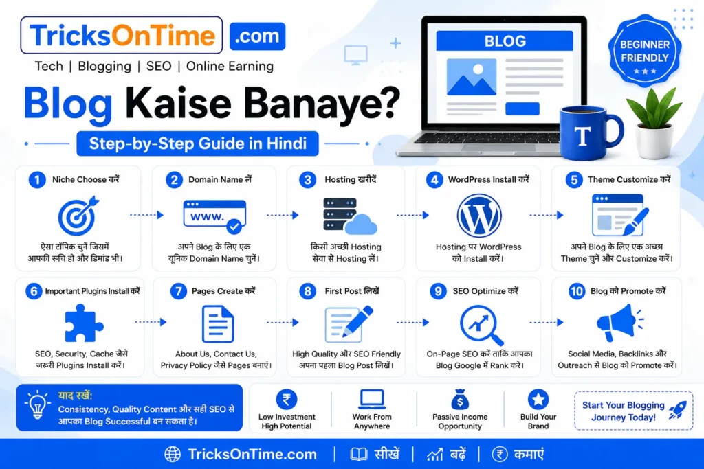 Blog Kaise Banaye step-by-step infographic in Hindi by TricksOnTime showing how to create a blog, including niche selection, domain name, web hosting, WordPress installation, theme customization, plugins, SEO optimization, content publishing, and blog promotion.