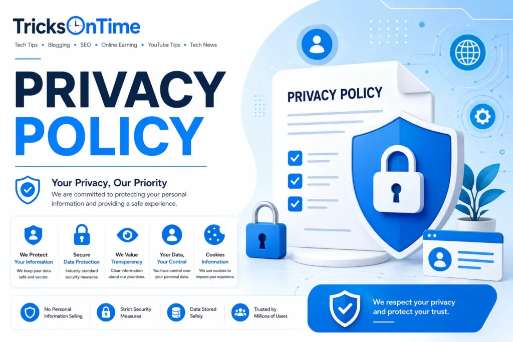 Privacy Policy feature image for TricksOnTime showing secure data protection, privacy policy document, shield with padlock, cookies policy, and user information security in a white and sky blue tech theme.