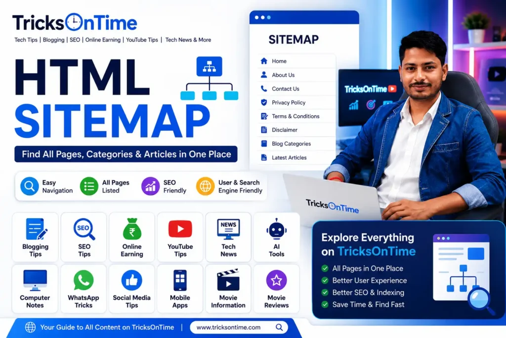TricksOnTime HTML Sitemap feature image showing website pages, blog categories, SEO-friendly navigation, and Jitendra Kasotia with a modern tech workspace.