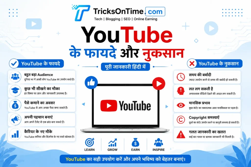 YouTube Ke Fayde Aur Nuksan feature image by TricksOnTime showing the advantages and disadvantages of YouTube with a modern white and sky blue technology theme, including learning, online earning, audience reach, copyright issues, and screen time.