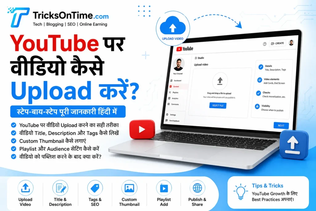 YouTube Par Video Kaise Upload Kare feature image by TricksOnTime showing the step-by-step YouTube Studio video upload process, including title, description, tags, thumbnail, playlist, and publish settings in Hindi.